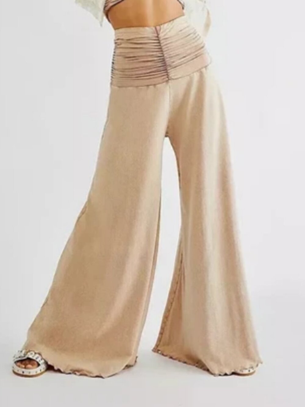 Free People Jayla Ruched Wide Leg Pants High Waist Beige XS